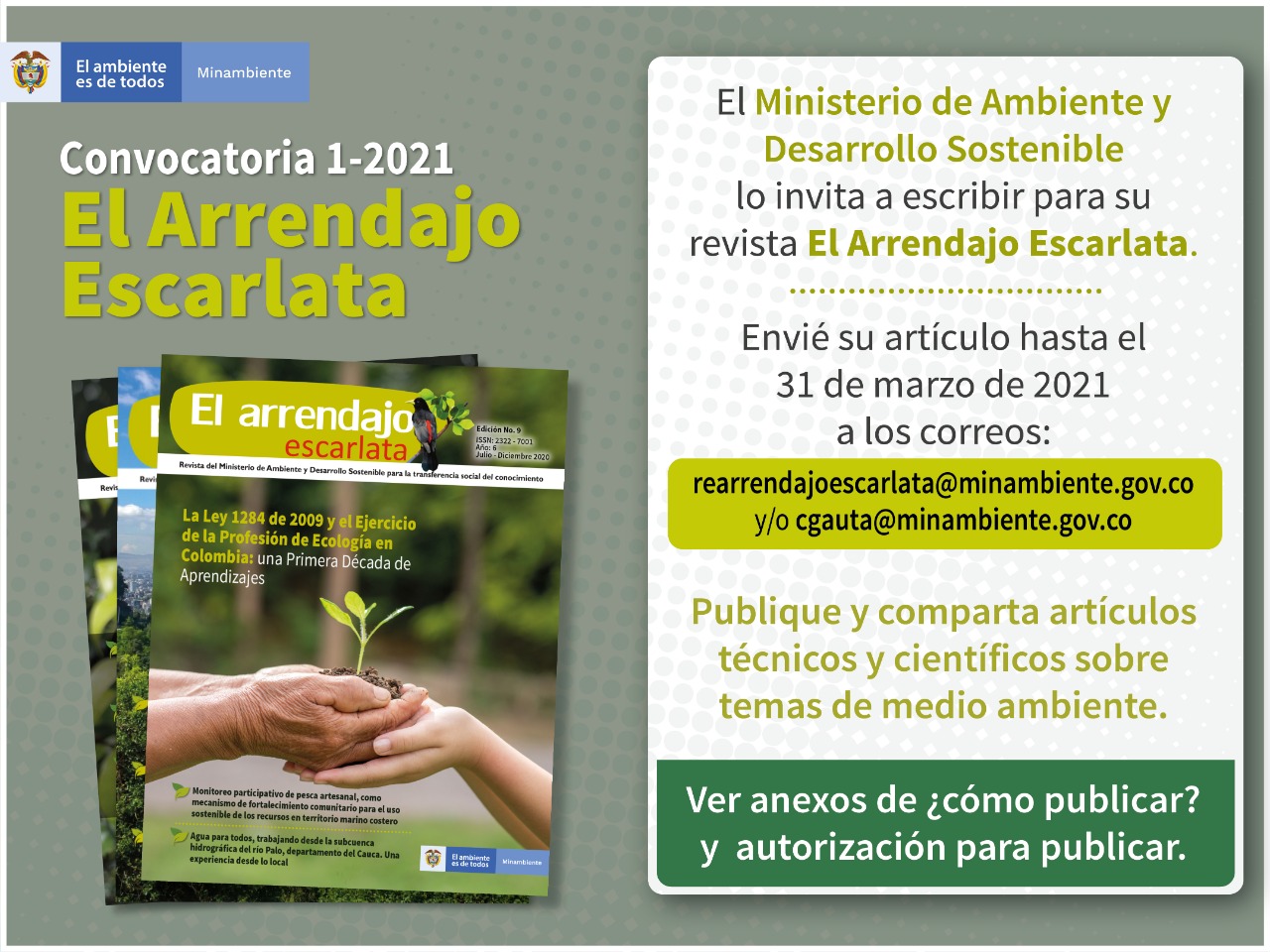 Minambiente invita a académicos a participar en la convocatoria 1-2021 para publicar sus artículos científicos en la revista El Arrendajo Escarlata Minambiente invita a académicos a participar en la convocatoria 1-2021 para publicar sus artículos científicos en la revista El Arrendajo Escarlata