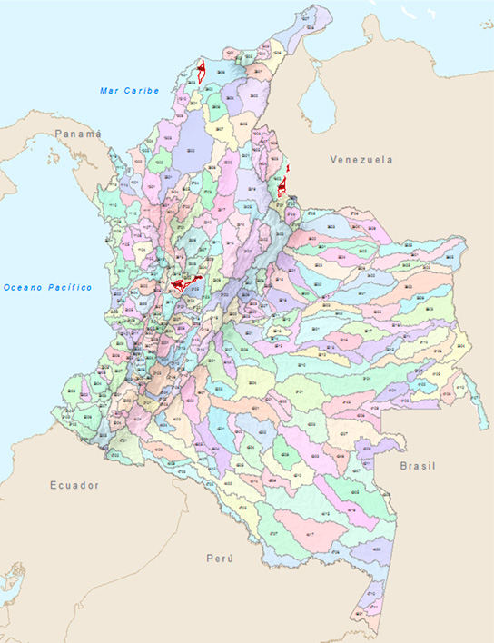 mapa de colombia donde se señalan las cuencas objeto de POMCA