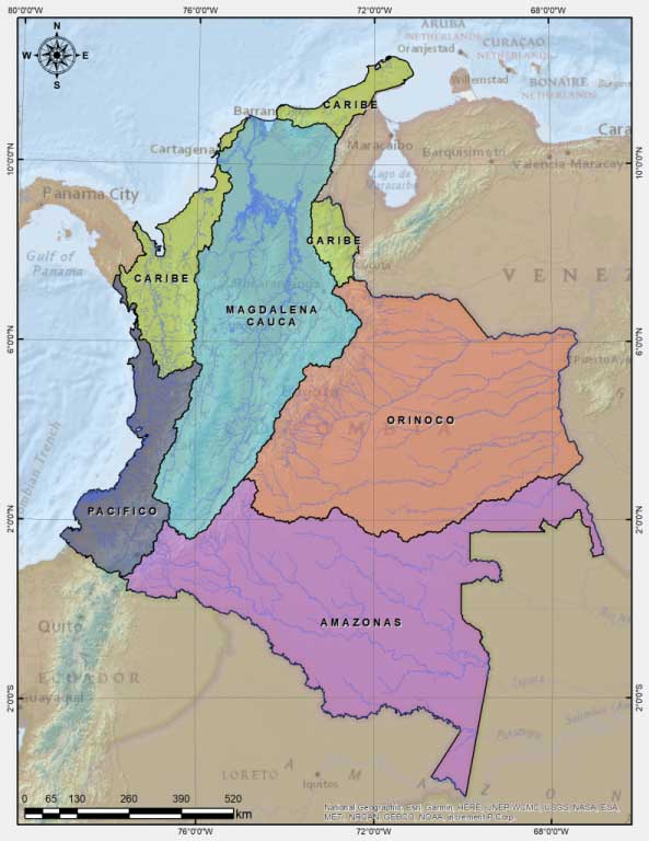 Infografía mapa de Colombia donde se muestra la ubicación y extensión de las Macrocuencas en el territorio continental nacional
