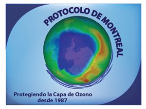 logo del protocolo de montreal. En la imagen un mapa de calor del planeta tierra