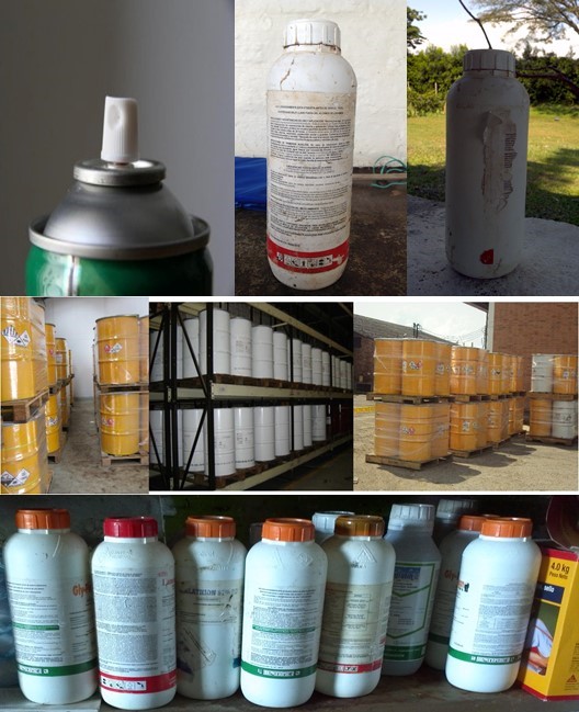 en la imagen se destaca tres tipos de envases de plaguicidas (aerosol, tanques metálicos, envases plásticos)