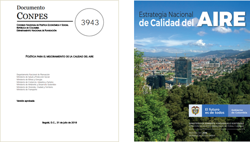 a la izquierda la portada de documento conpes 3943 - a la derecha la portada del documento de estrategia nacional de calidad del aire