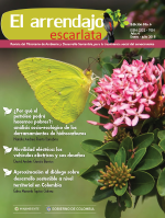 portada 6° edición de la revista el arrendajo escarlata - en la imagen una mariposa amarilla posada encima de una flor