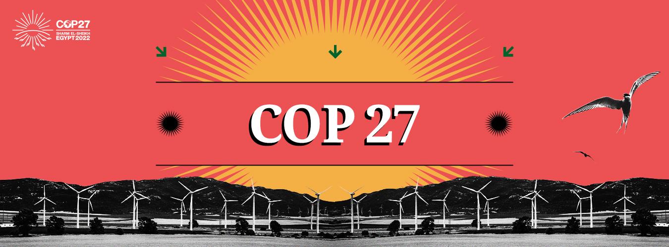 banner ilustración de atardecer con la palabra "COP27" en el cielo.