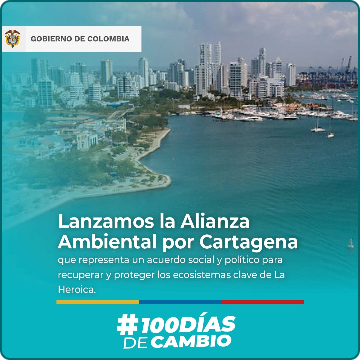 banner alusivo a la alianza ambiental por cartagena. Al fondo se puede observa la bahía de cartagena