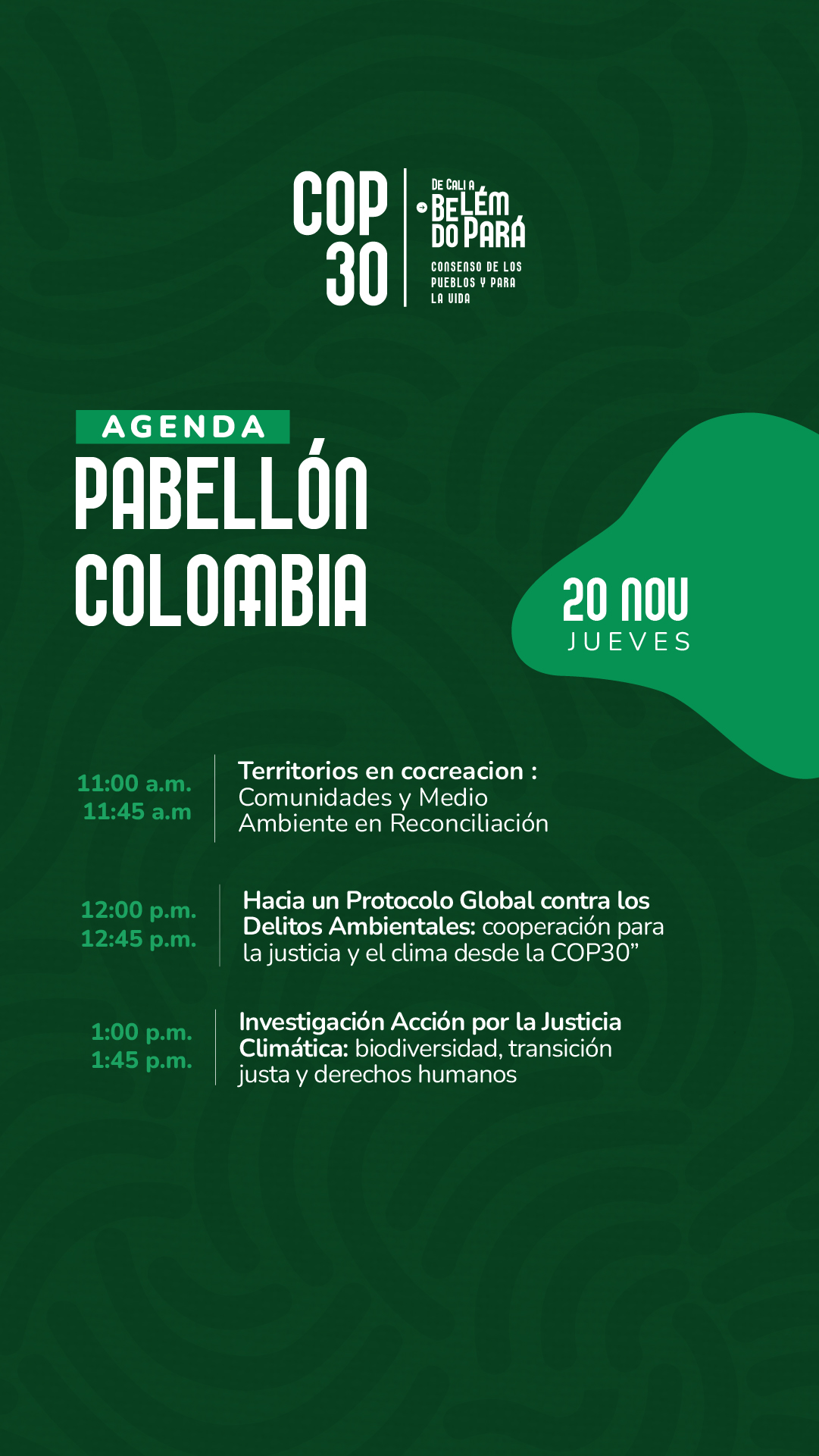 Agenda Pabellón Colombia COP30 20 de Noviembre